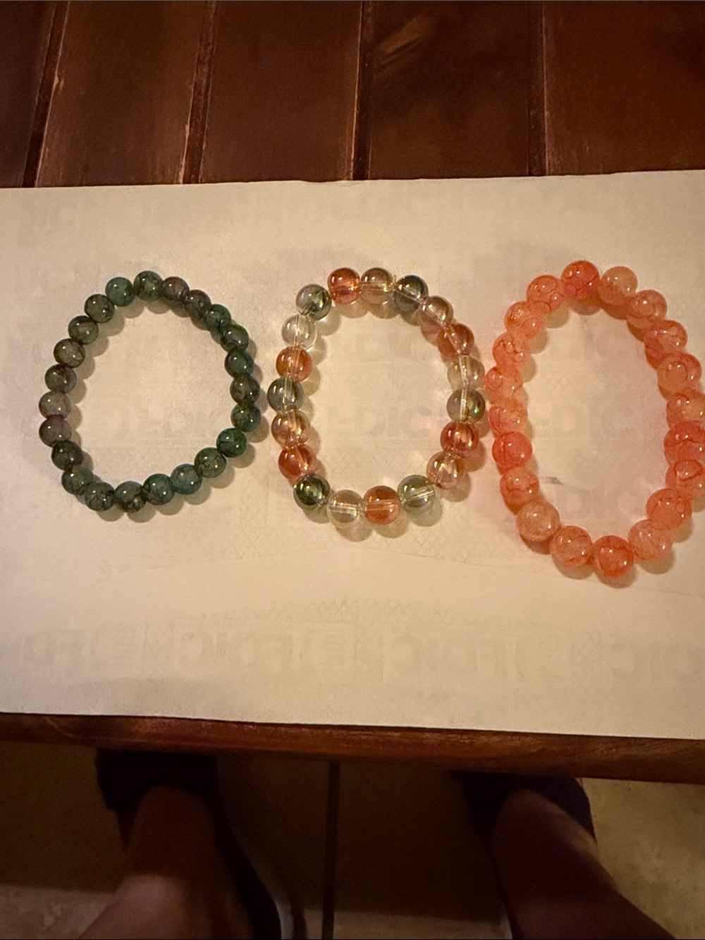 Handmade Green, Clear-Orange, and Peach Beaded Stretch Bracelets